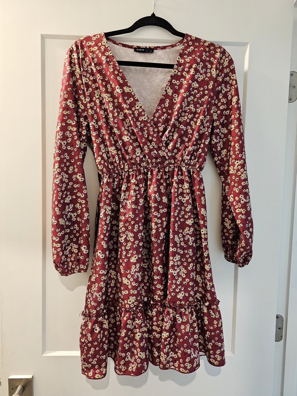SHEIN Burgundy Floral Long-Sleeve Wrap Dress